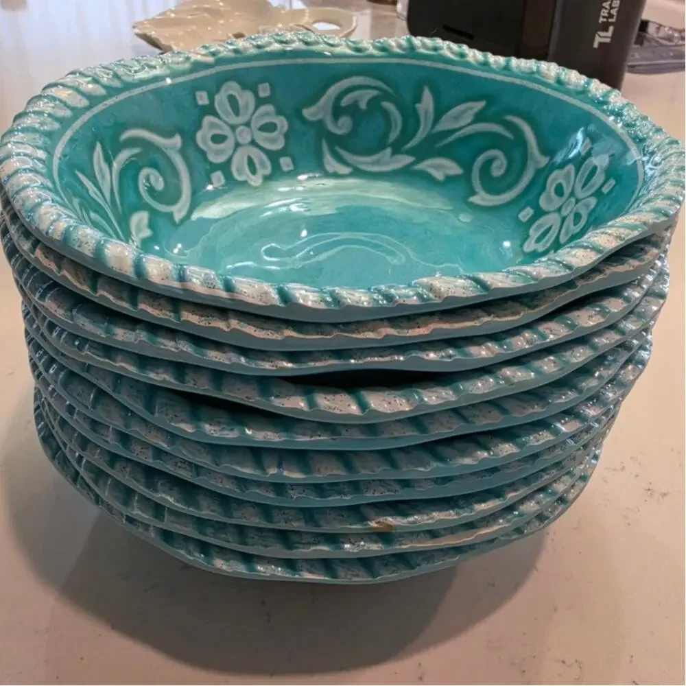 Set of Turquoise Floral Melanine bowls /Italian Style /5 piece